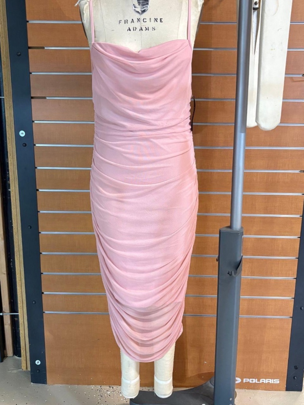 Bebe NWT blush pink cowl neck ruched bodycon midi dress size L